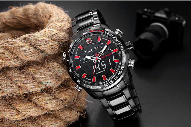 NAVIFORCE Męski zegarek sportowy LED analogowo-cyfrowy, stalowy pasek, kwarcowy mechanizm, Relogio Masculino 9093 - Wianko - 12