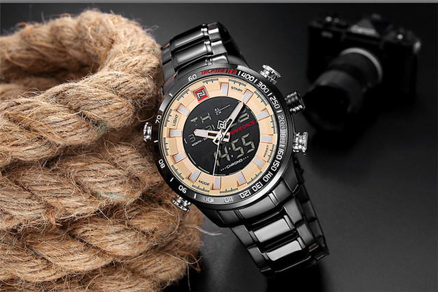 NAVIFORCE Męski zegarek sportowy LED analogowo-cyfrowy, stalowy pasek, kwarcowy mechanizm, Relogio Masculino 9093 - Wianko - 15