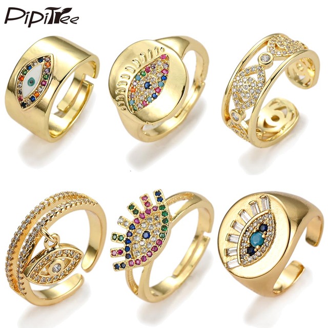 Pierścionek Pipitree luksusowy z wieloma diamentowymi okami z cyrkonią, regulowany, złoty kolor - Wianko - 6