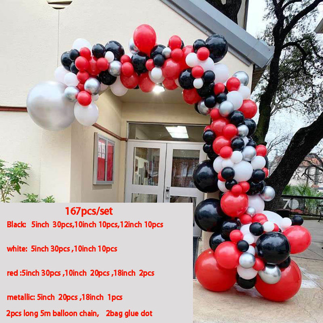 Zestaw 167 sztuk czerwonych, czarnych i białych lateksowych balonów, Garland Arch, 18 cali, chromowane metalowe srebrne balony, dekoracje ślubne i urodzinowe - Wianko - 1
