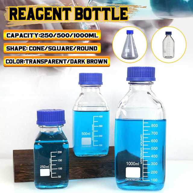 Butelka odczynnikowa z kolbą szklaną niebieską przezroczystą, 250/500/1000 ml, z gwintowanym ustnikiem i skalą - Wianko - 3