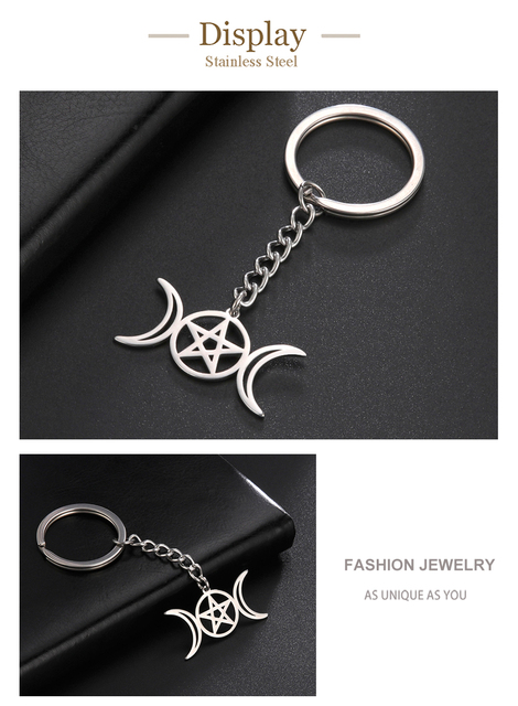 Breloczek Wicca Unift Viking Triple Moon Star z amuletem Pentagram - biżuteria ze stali nierdzewnej w stylu Vintage z kluczem do torebki - akcesorium bogini - Wianko - 5