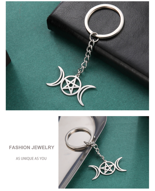 Breloczek Wicca Unift Viking Triple Moon Star z amuletem Pentagram - biżuteria ze stali nierdzewnej w stylu Vintage z kluczem do torebki - akcesorium bogini - Wianko - 6