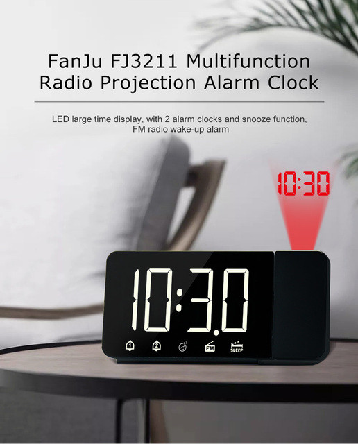 Budzik z projekcją czasu, radio FM, LED, podwójny stół alarmowy FJ3211 FanJu z USB - Wianko - 1