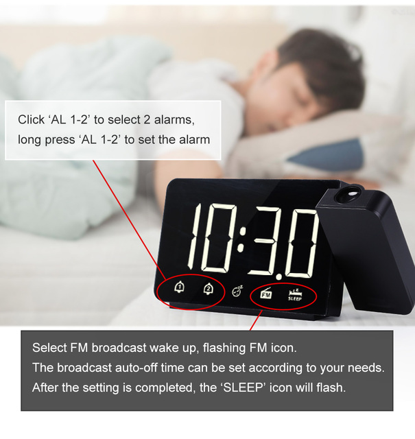 Budzik z projekcją czasu, radio FM, LED, podwójny stół alarmowy FJ3211 FanJu z USB - Wianko - 6
