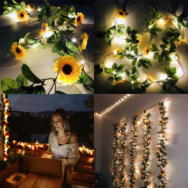 Dekoracyjna Girlanda ze Sztucznym Słonecznikiem i 100-ledowymi światełkami - Wyjątkowa ozdoba domowa z jedwabnymi wiszącymi kwiatami winorośli - Wianko - 7