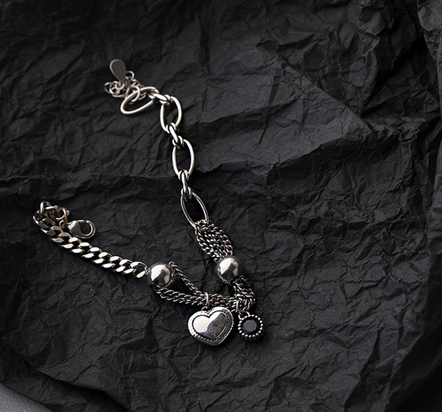 Srebrna bransoletka łańcuchowa QMCOCO 925 z kreatywnym designem w kształcie serca dla kobiet - moda, punk, vintage - Wianko - 12
