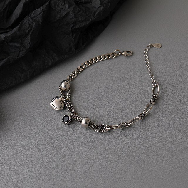 Srebrna bransoletka łańcuchowa QMCOCO 925 z kreatywnym designem w kształcie serca dla kobiet - moda, punk, vintage - Wianko - 19