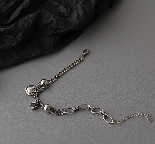 Srebrna bransoletka łańcuchowa QMCOCO 925 z kreatywnym designem w kształcie serca dla kobiet - moda, punk, vintage - Wianko - 18