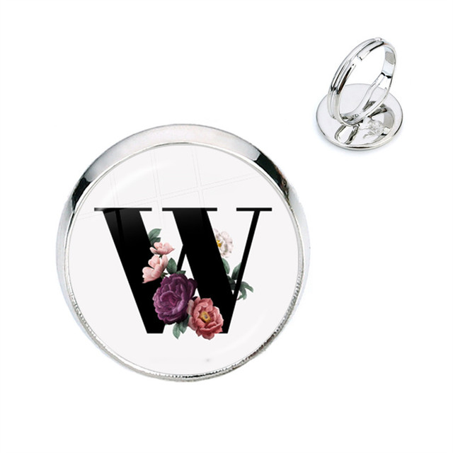 Pierścień kwiatowy z początkowymi literami A-Z, szkło Cabochon, regulowany, prezent na urodziny dla kobiet i mężczyzn - Wianko - 24