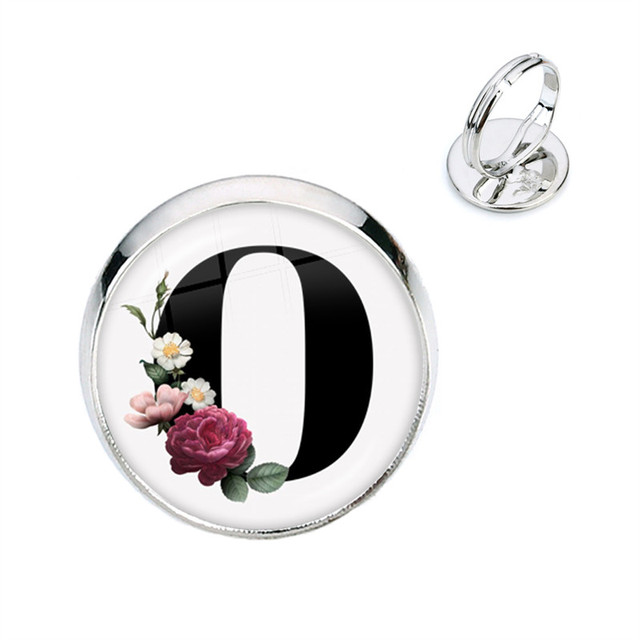 Pierścień kwiatowy z początkowymi literami A-Z, szkło Cabochon, regulowany, prezent na urodziny dla kobiet i mężczyzn - Wianko - 16