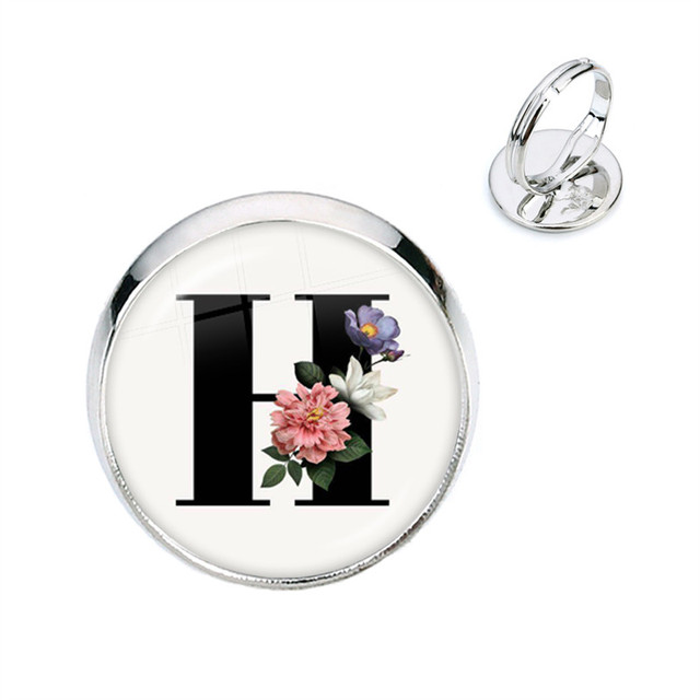 Pierścień kwiatowy z początkowymi literami A-Z, szkło Cabochon, regulowany, prezent na urodziny dla kobiet i mężczyzn - Wianko - 9