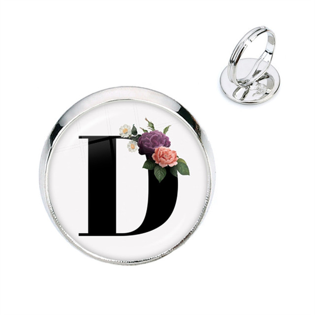Pierścień kwiatowy z początkowymi literami A-Z, szkło Cabochon, regulowany, prezent na urodziny dla kobiet i mężczyzn - Wianko - 5