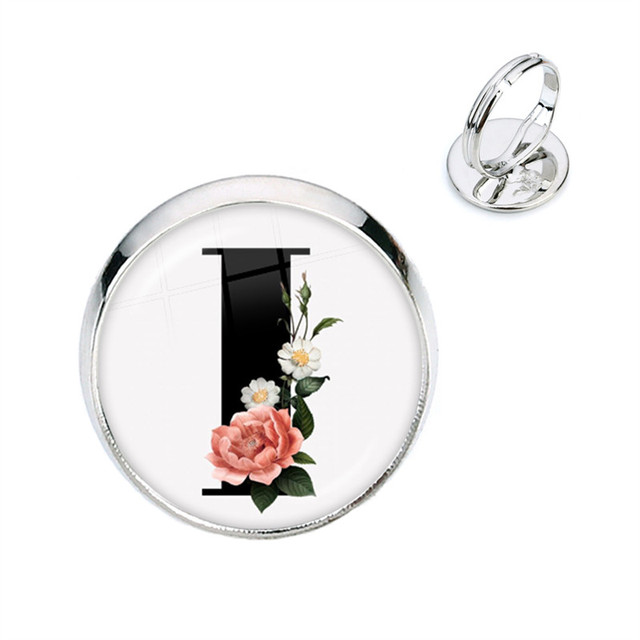 Pierścień kwiatowy z początkowymi literami A-Z, szkło Cabochon, regulowany, prezent na urodziny dla kobiet i mężczyzn - Wianko - 10