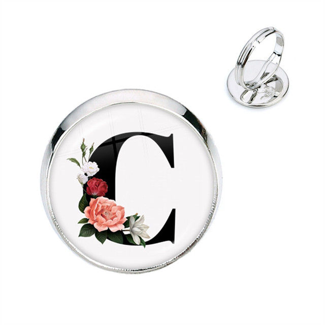 Pierścień kwiatowy z początkowymi literami A-Z, szkło Cabochon, regulowany, prezent na urodziny dla kobiet i mężczyzn - Wianko - 4