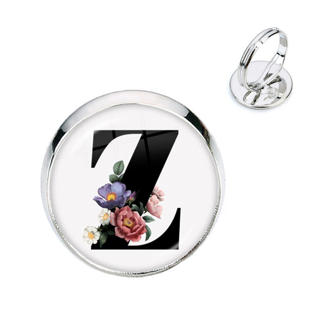 Pierścień kwiatowy z początkowymi literami A-Z, szkło Cabochon, regulowany, prezent na urodziny dla kobiet i mężczyzn - Wianko - 27