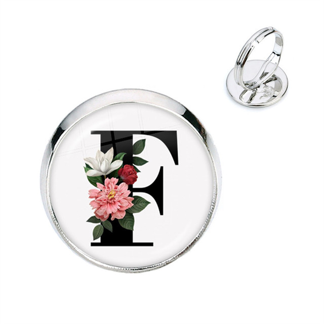 Pierścień kwiatowy z początkowymi literami A-Z, szkło Cabochon, regulowany, prezent na urodziny dla kobiet i mężczyzn - Wianko - 7
