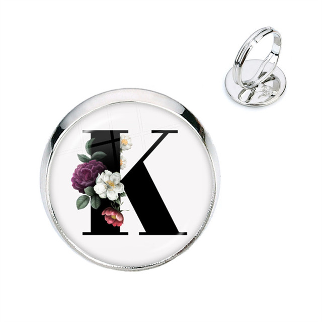 Pierścień kwiatowy z początkowymi literami A-Z, szkło Cabochon, regulowany, prezent na urodziny dla kobiet i mężczyzn - Wianko - 12
