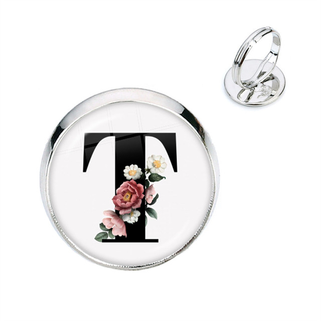 Pierścień kwiatowy z początkowymi literami A-Z, szkło Cabochon, regulowany, prezent na urodziny dla kobiet i mężczyzn - Wianko - 21