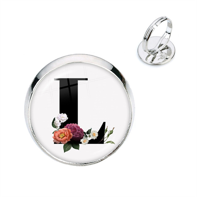 Pierścień kwiatowy z początkowymi literami A-Z, szkło Cabochon, regulowany, prezent na urodziny dla kobiet i mężczyzn - Wianko - 13