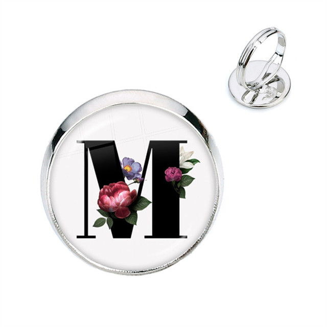Pierścień kwiatowy z początkowymi literami A-Z, szkło Cabochon, regulowany, prezent na urodziny dla kobiet i mężczyzn - Wianko - 14