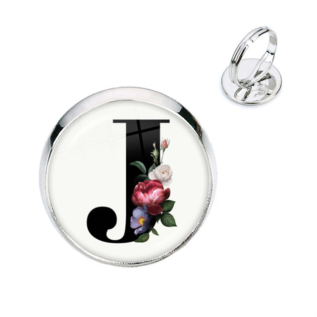Pierścień kwiatowy z początkowymi literami A-Z, szkło Cabochon, regulowany, prezent na urodziny dla kobiet i mężczyzn - Wianko - 11