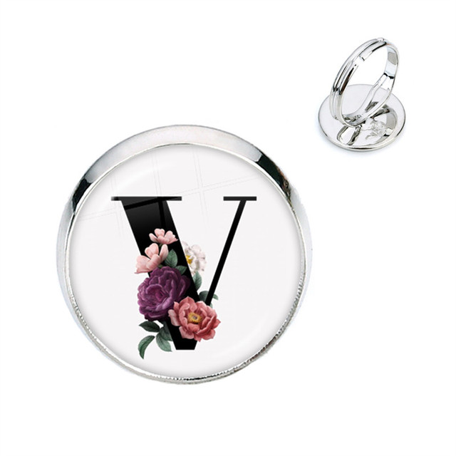 Pierścień kwiatowy z początkowymi literami A-Z, szkło Cabochon, regulowany, prezent na urodziny dla kobiet i mężczyzn - Wianko - 23