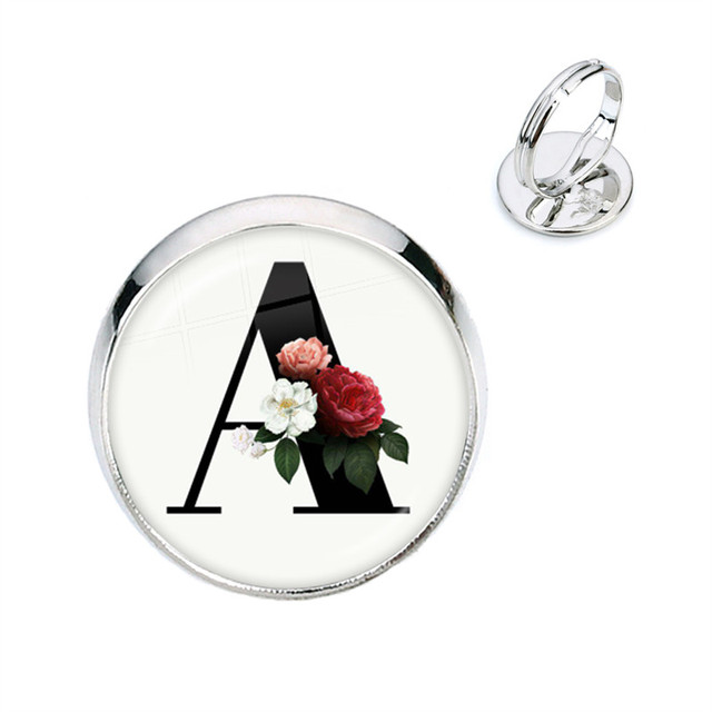 Pierścień kwiatowy z początkowymi literami A-Z, szkło Cabochon, regulowany, prezent na urodziny dla kobiet i mężczyzn - Wianko - 2