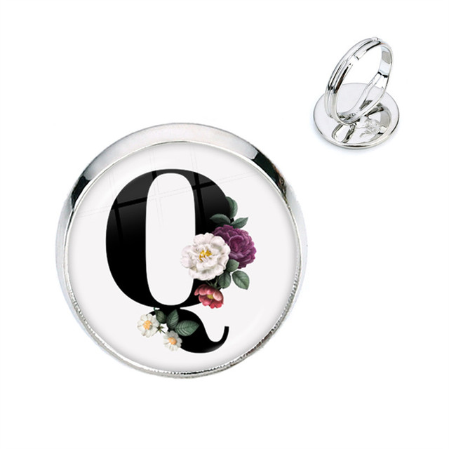 Pierścień kwiatowy z początkowymi literami A-Z, szkło Cabochon, regulowany, prezent na urodziny dla kobiet i mężczyzn - Wianko - 18