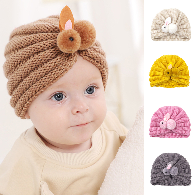 Jednokolorowy królik czapka dla niemowląt - Turban śliczne miękkie elastyczne noworodki dziewczyna chłopiec czapka zimowa szydełkowa - Wianko - 1