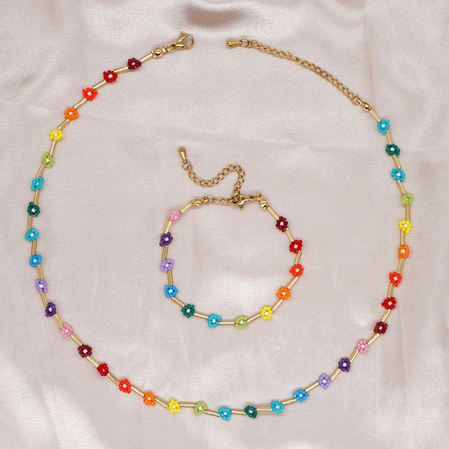 Zestaw biżuterii Go2BoHo Rainbow Miyuki – ręcznie tkane naszyjnik i bransoletka z małymi koralikami Daisy Flower - Wianko - 1