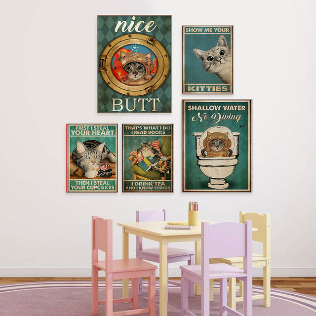 Plakat vintage z drukowanym obrazem mentalnego kota – zabawny i ozdobny obraz na płótnie - Wianko - 4