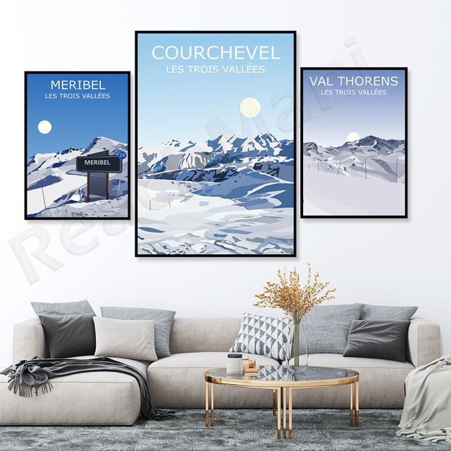 Plakat podróżniczy francuskich ośrodków narciarskich: Val Thorens, Courchevel, Meribel - Malarstwo i kaligrafia - Wianko - 3