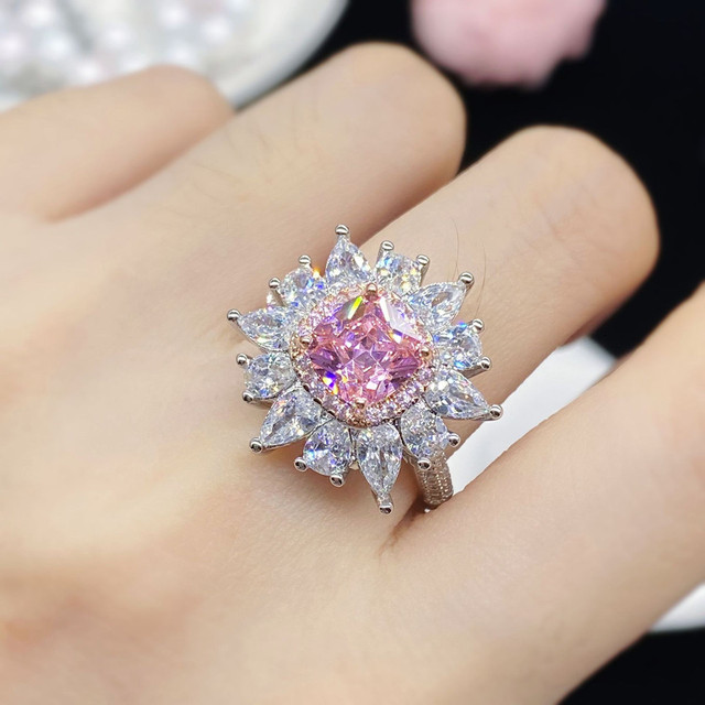 Pierścionek z luksusowymi, dużymi różowymi kwiatami, kryształowymi diamentami i kamieniami szlachetnymi, wykonany z 18-karatowego białego złota - Wianko - 10