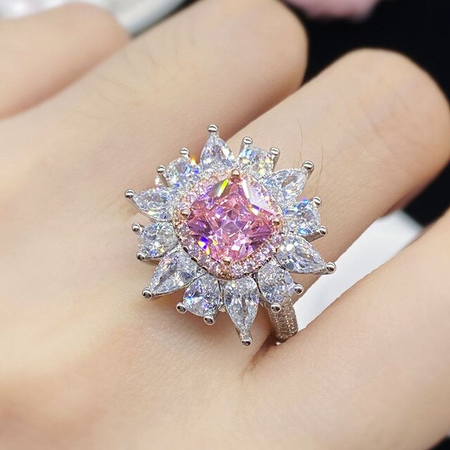 Pierścionek z luksusowymi, dużymi różowymi kwiatami, kryształowymi diamentami i kamieniami szlachetnymi, wykonany z 18-karatowego białego złota - Wianko - 5