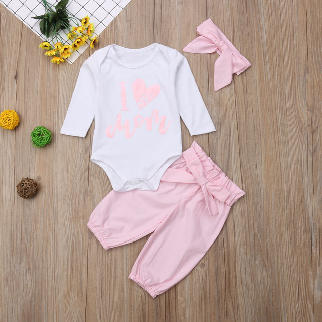 Noworodkowe jesienne ubranka dla dziewczynek i chłopców: Romper z długim rękawem, spodnie z różową kokardką i pałąk Love Mom Heart 2018 Brand New - Wianko - 2