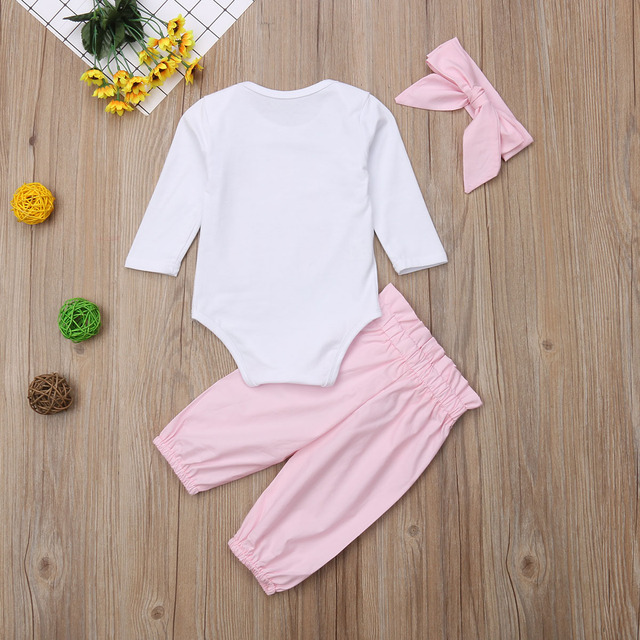 Noworodkowe jesienne ubranka dla dziewczynek i chłopców: Romper z długim rękawem, spodnie z różową kokardką i pałąk Love Mom Heart 2018 Brand New - Wianko - 7