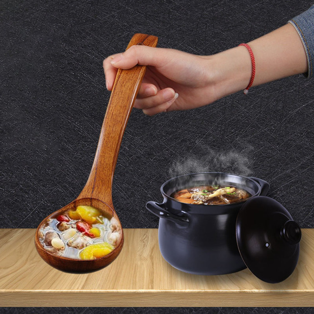 Długoręczna duża łyżka drewniana do gotowania zup i owsianek - zestaw 3 sztuki - Wianko - 22