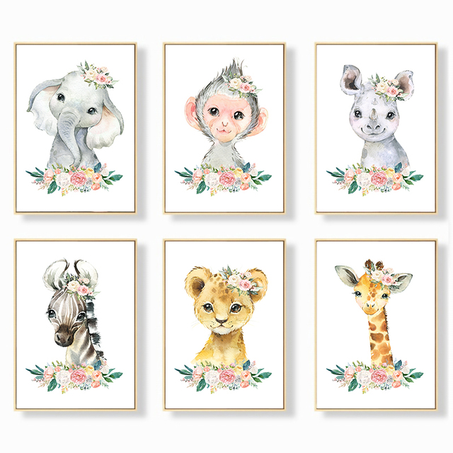 Obrazy na płótnie Zwierzęta akwarelowe - plakaty z lwem, żyrafą i zebrą - dekoracja pokoju dziecięcego - Wianko - 2