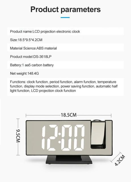 Cyfrowy budzik LED zegar stół elektroniczny lusterko biurkowe zegary USB z projekcją czasu i funkcją drzemki - Wianko - 10