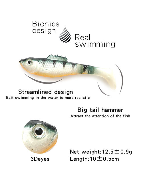 Miękka przynęta W.P.E 5 szt. 100mm na ryby, 3D-eyes, body t-tail, Swimbaits Wobblers Fishing Tackle Baits - Wianko - 2