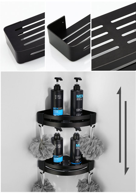 Czarna półka narożna do przechowywania prysznica z 2 zdejmowanymi haczykami - Wianko - 5