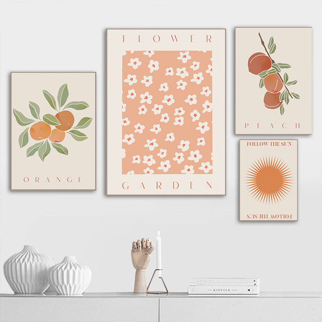 Streszczenie kwiat łąka obraz ścienny na płótnie - pomarańczowy, brzoskwiniowy, słońce, styl skandynawski do sypialni i salonu - Wianko - 5