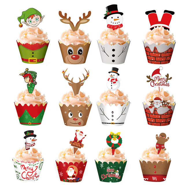 12 sztuk wesołych łoś bożonarodzeniowych bałwanków mikołaj Cupcake Wrapper - noworoczna ozdoba na tort z wkładką karty Cupcake - Wianko - 4