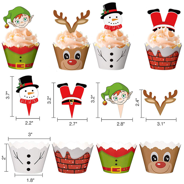 12 sztuk wesołych łoś bożonarodzeniowych bałwanków mikołaj Cupcake Wrapper - noworoczna ozdoba na tort z wkładką karty Cupcake - Wianko - 2