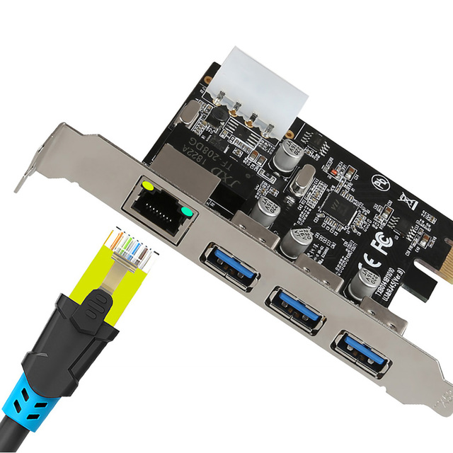 Karta rozszerzająca PCI-E na zewnętrzne 3 porty USB 3.0 HUB + Gigabit Ethernet RJ-45 - 10/100/1000 Mb/s - Wianko - 4
