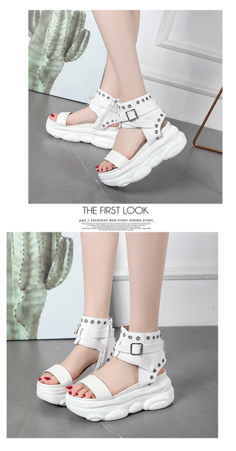 Kliny buty dla kobiet sandały wysokie obcasy 7.5CM platforma skórzane białe - Wianko - 8