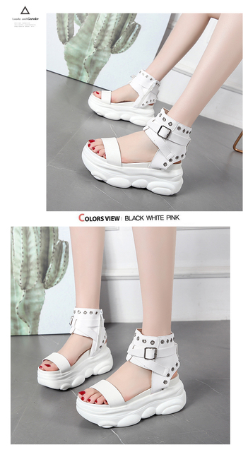 Kliny buty dla kobiet sandały wysokie obcasy 7.5CM platforma skórzane białe - Wianko - 7