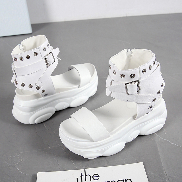 Kliny buty dla kobiet sandały wysokie obcasy 7.5CM platforma skórzane białe - Wianko - 11