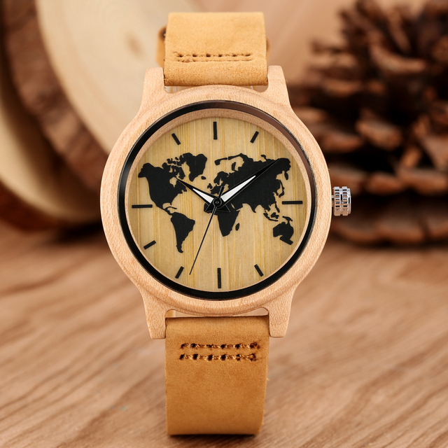 Zegarek damski Maple - drewniana tarcza, skórzany pasek, kwarcowy mechanizm, wzór mapy świata - Wianko - 1